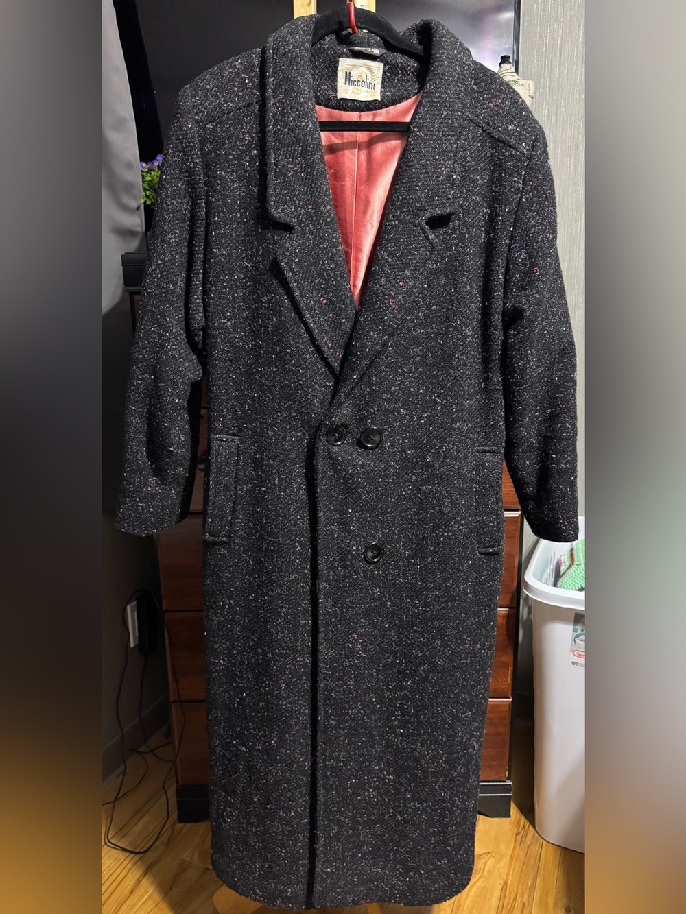 Vintage Niccolini Charcoal Pink Fleck Tweed Wool Blend Long Trench Coat